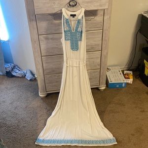 Long white maxi dress with blue embroidery. good condition.